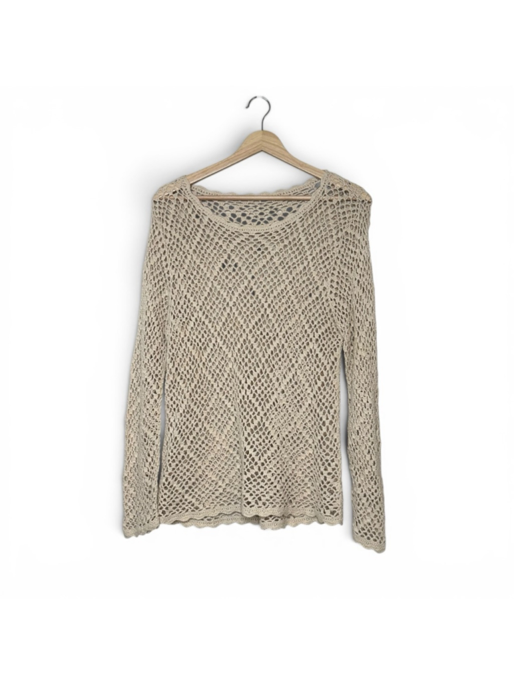 Boho Open Knit Crochet Sweater Cream Long Sleeve Fishnet Beachy Festival Top